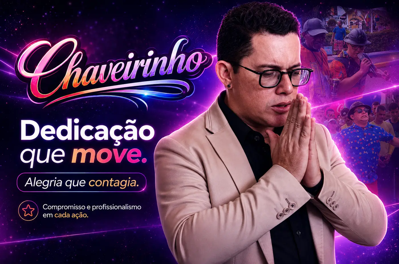 Chaveirinho de terno com as mãos unidas e o texto dedicação que move, alegria que contagia, compromisso e profissionalismo em cada ação