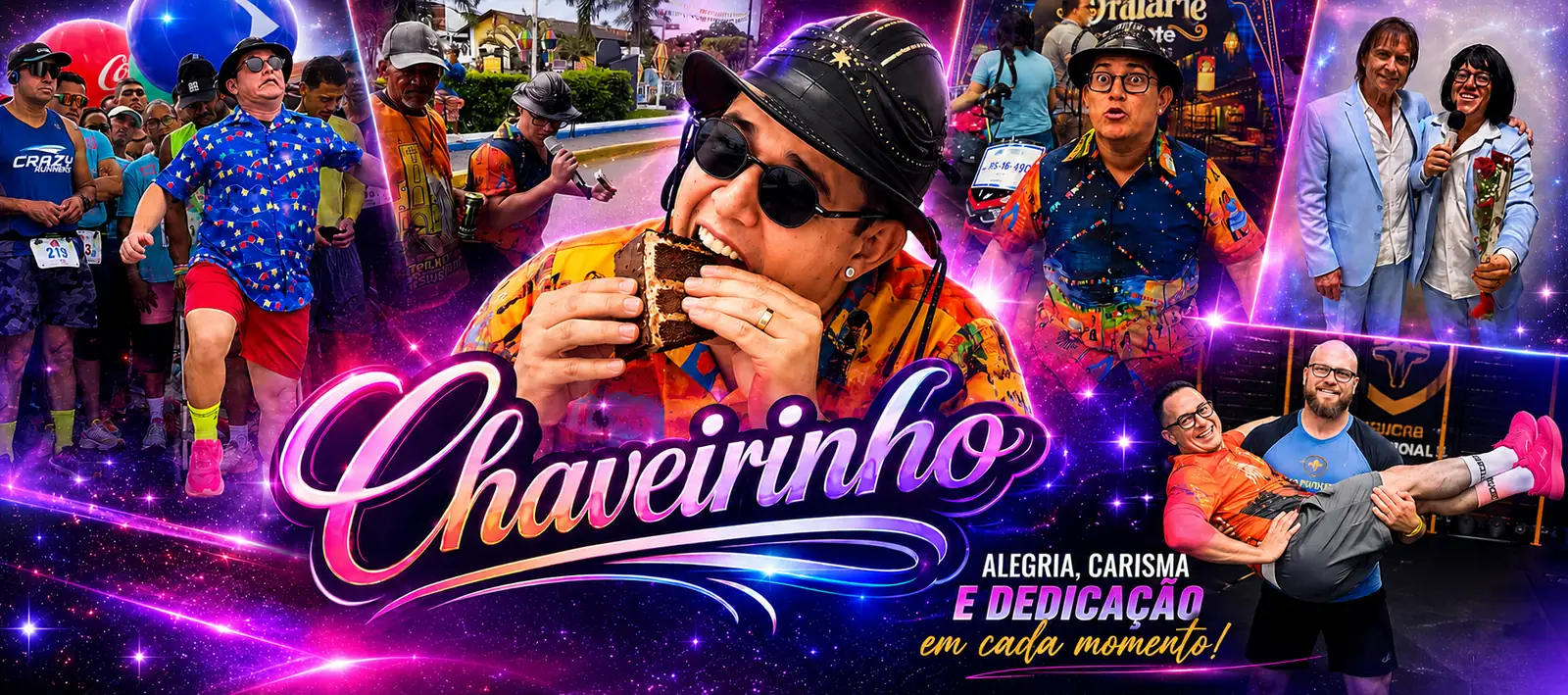 Colagem do Chaveirinho em ação: corrida de rua, abordagem com microfone, loja de motos, degustação de bolo e personagem, com o texto alegria, carisma e dedicação em cada momento